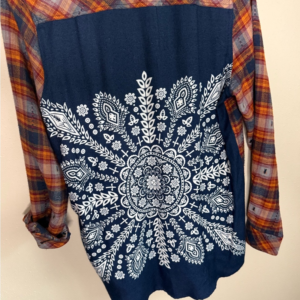 Tolani Mixed Media Plaid Shirt Bandana Back Boho Top M - Picture 8 of 9